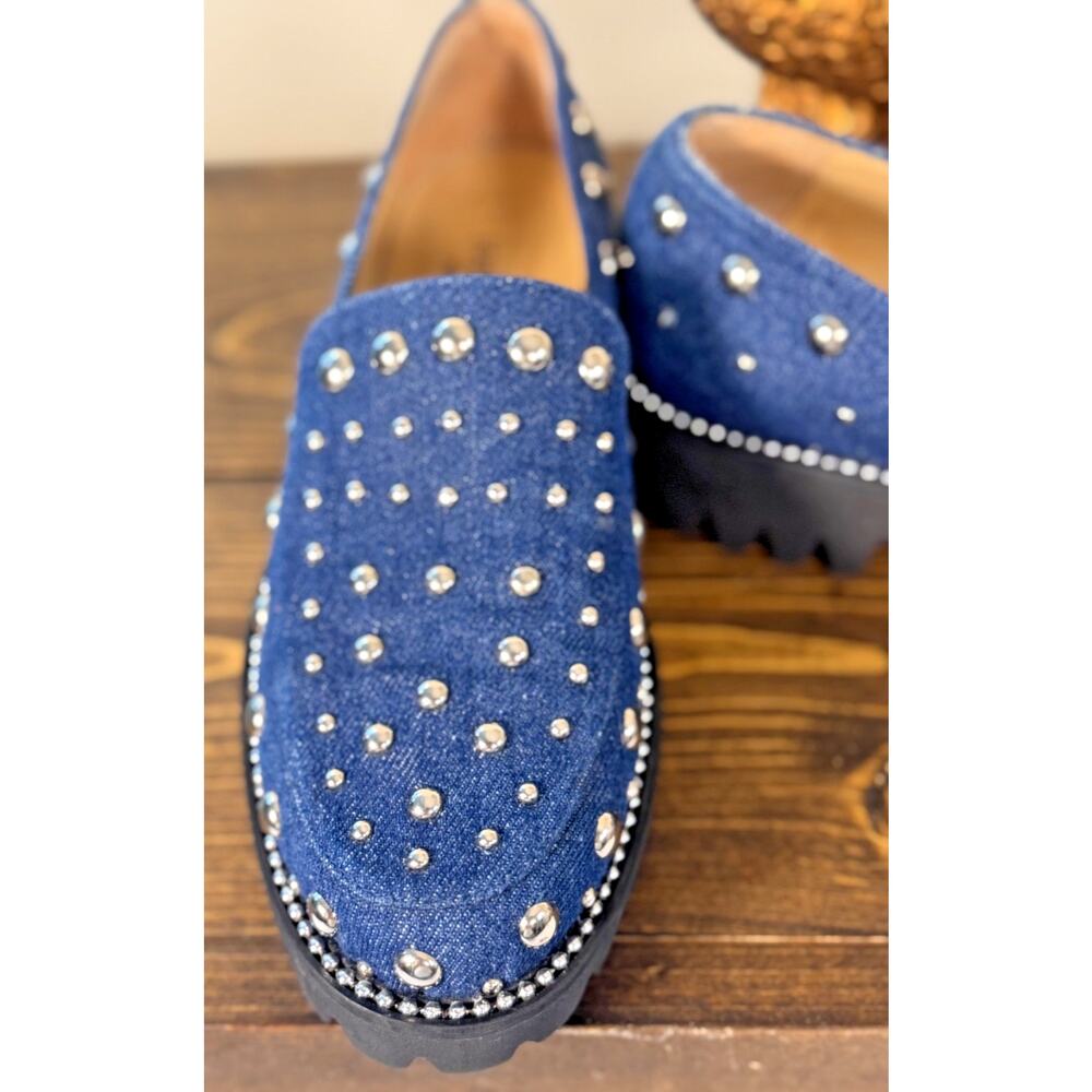 Jon Josef Denim Studded Loafer with Lug Soles- Romantic Punk Made In Spain 7/37 - Picture 5 of 6